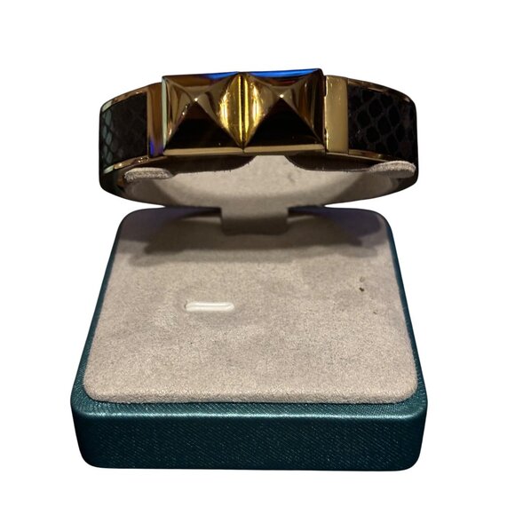 Michael Kors Python Embossed Leather Hinged Bangle Bracelet Golden Cuff - Picture 9 of 13